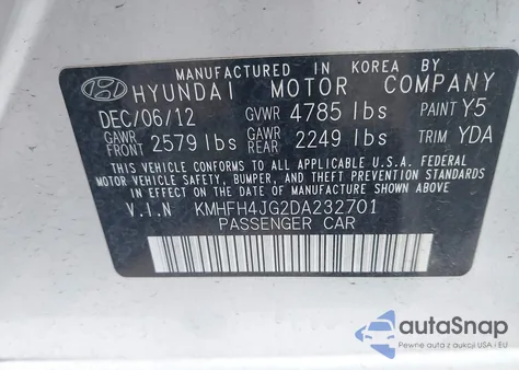 2013 Hyundai Azera from USA, damaged, VIN KMHFH4JG2DA232701